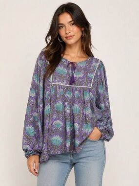 Karni Cotton Purple & Green Floral Balloon Sleeve Boho Peasant‎ Top Sz. S